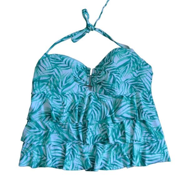 Catalina White Green Leaf Print Tiered Ruffle Tankini Top Size 2X (18W-20W) - Picture 3 of 12